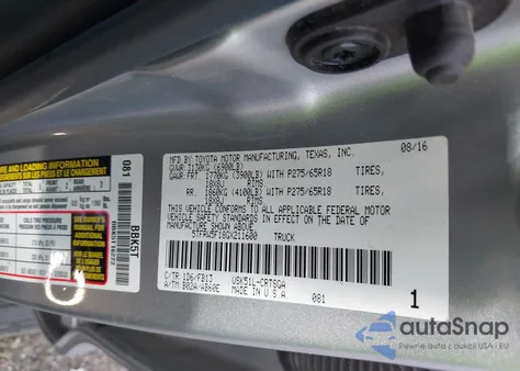 2016 Toyota Tundra Sr5 5.7L V8 z USA, uszkodzony, nr VIN 5TFRW5F18GX211600